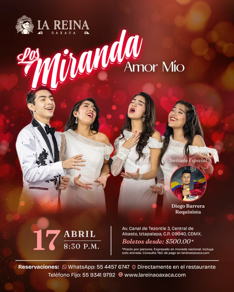 Concierto Los Miranda "Amor Mío" en La Reina Oaxaca Iztapalapa CDMX 17 de abril 8:30 pm música romántica en vivo