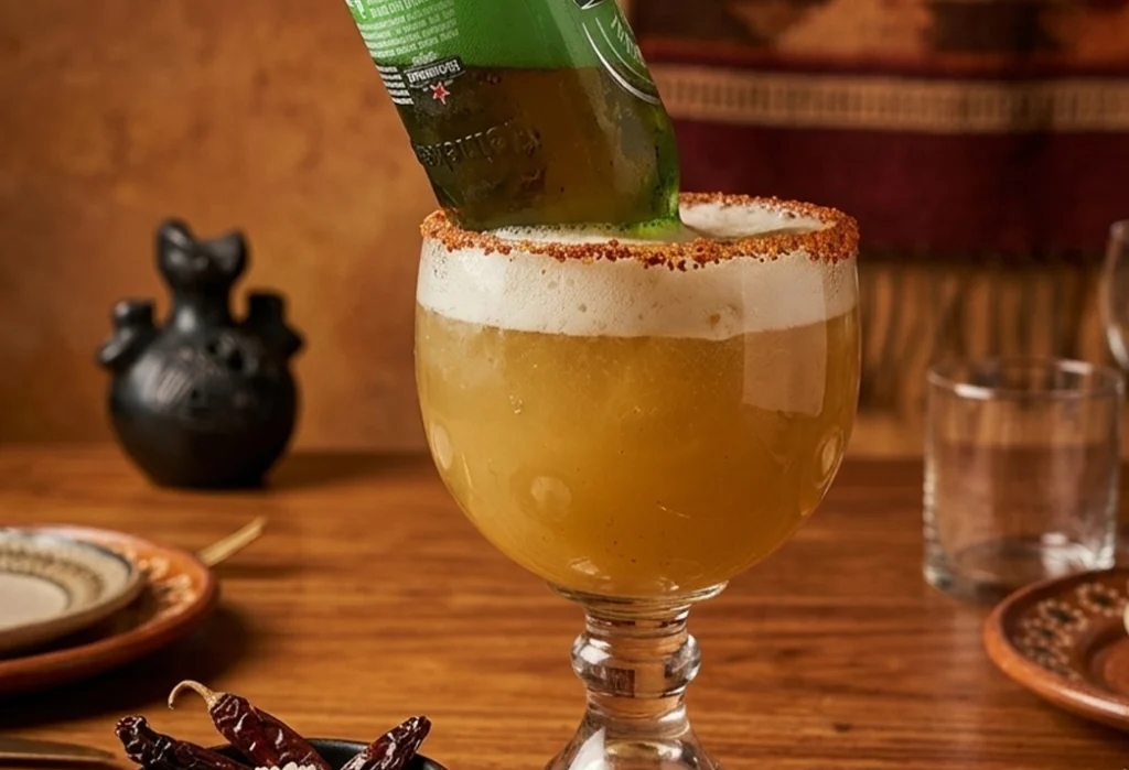 Cerbatana con mezcal cerveza y sal de gusano servida en La Reina Oaxaca CDMX