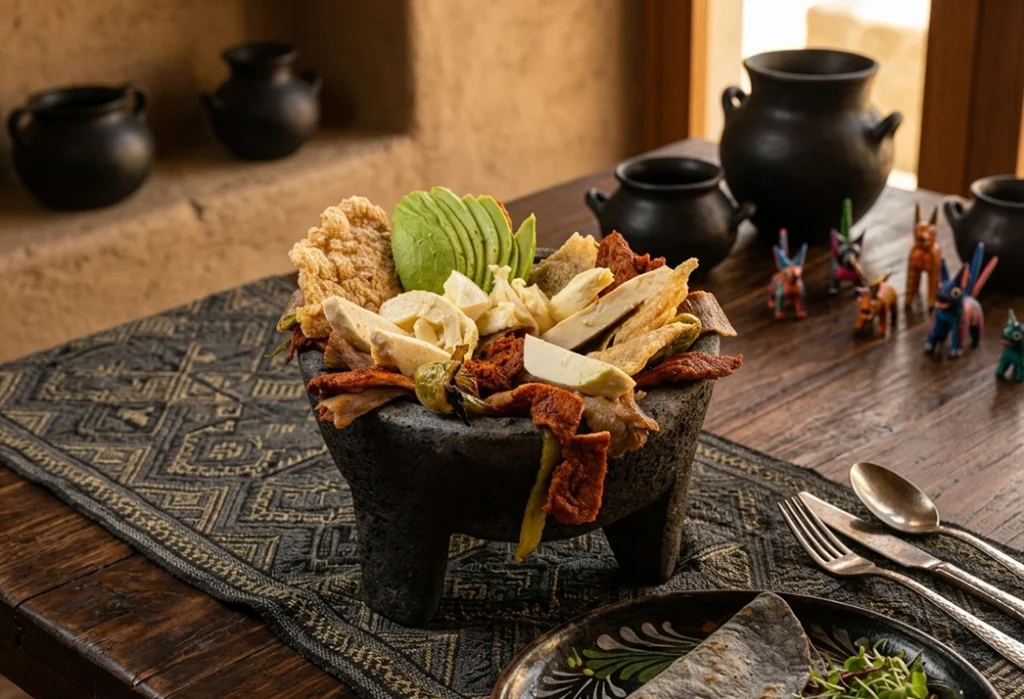 Molcajete oaxaqueño con tasajo cecina chorizo quesillo y nopales en La Reina Oaxaca