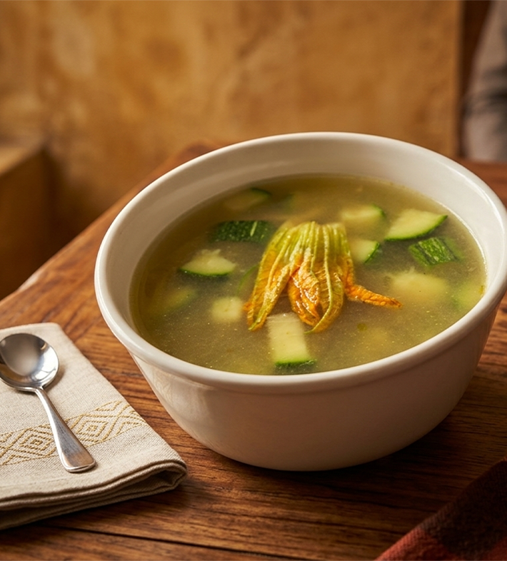 Sopa Milpa Oaxaqueña con elote flor de calabaza setas y hoja santa en La Reina Oaxaca CDMX