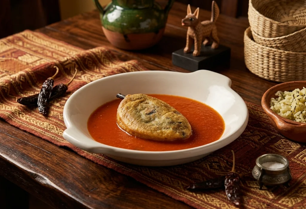 Chile de agua relleno de carne capeado con caldillo de jitomate en La Reina Oaxaca