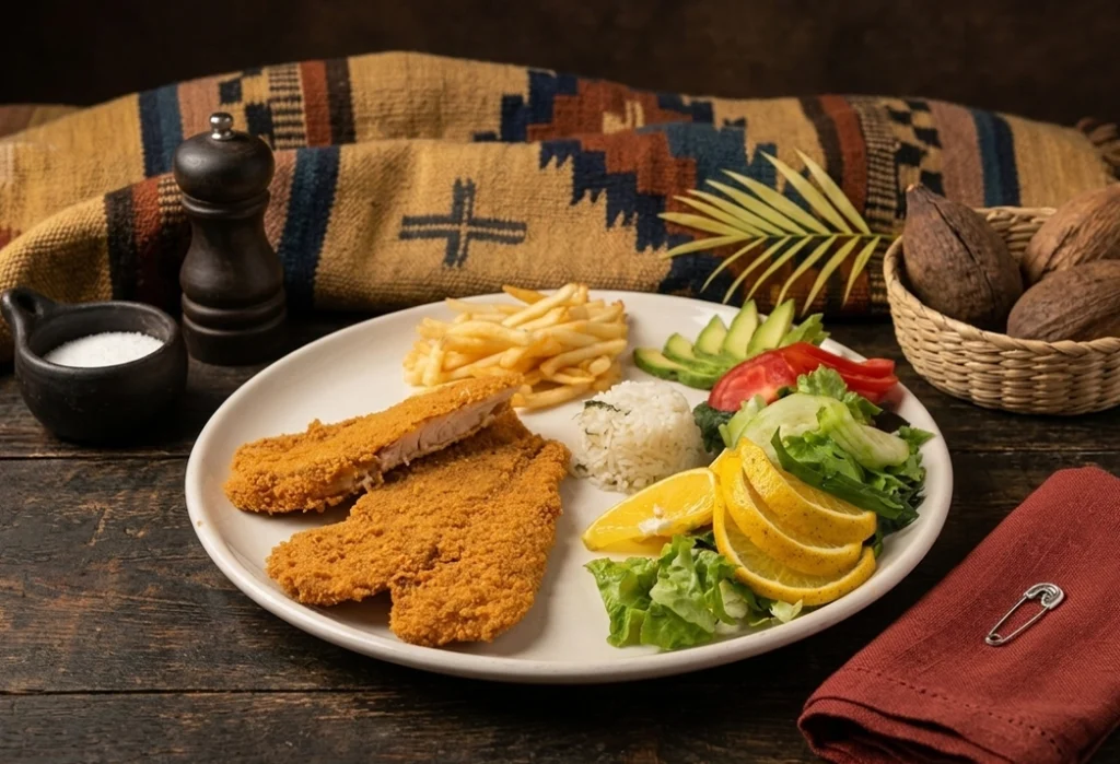 Filete de pescado empanizado Tierra del Sol con arroz de chepiles ensalada y papas en La Reina Oaxaca