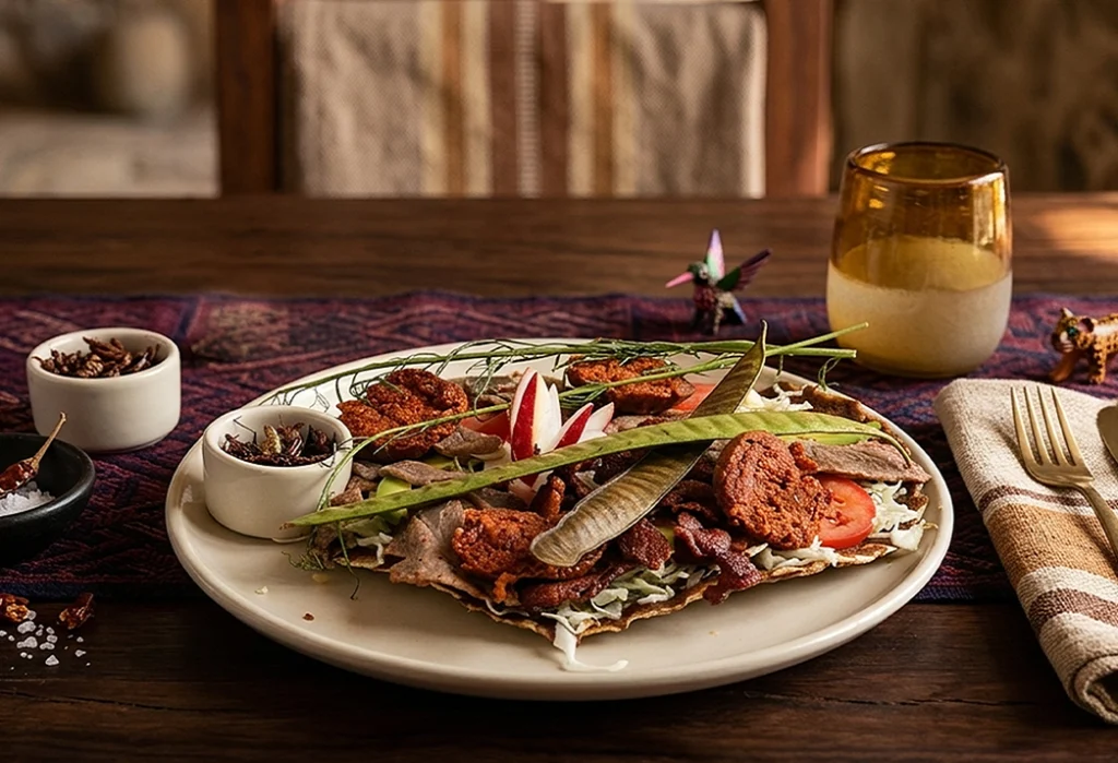 Tlayuda oaxaqueña con tasajo cecina chorizo y chapulines en La Reina Oaxaca