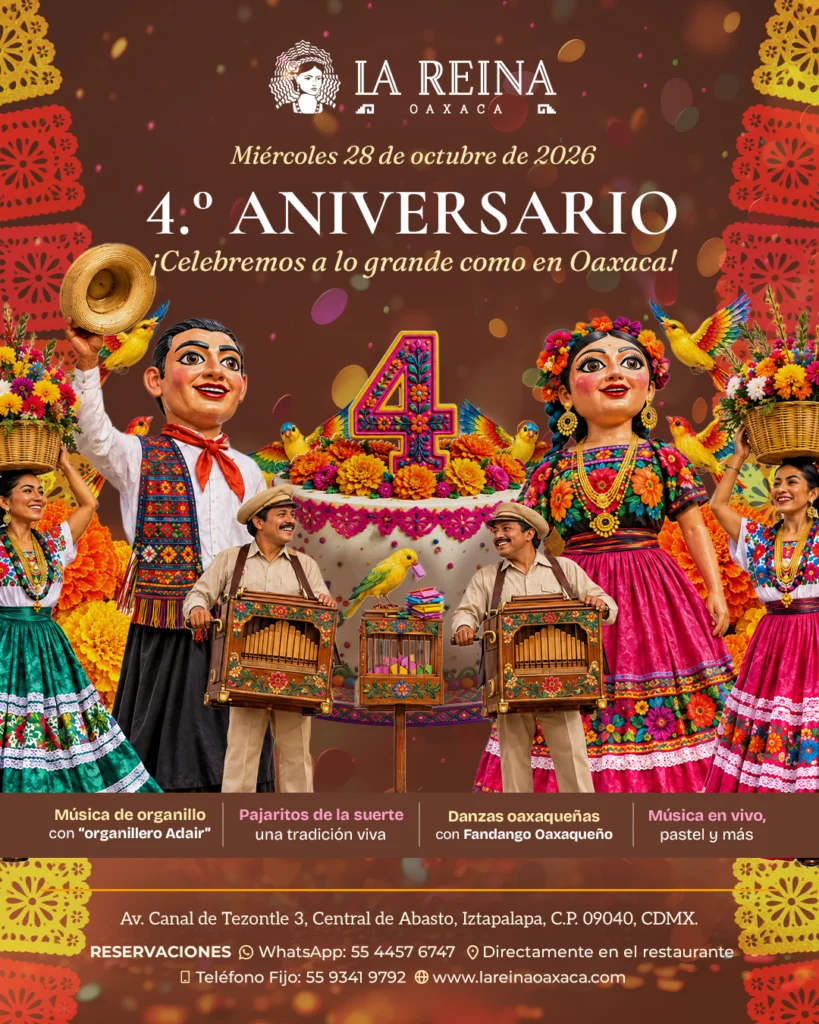 Cuarto aniversario de La Reina Oaxaca, celebración con música en vivo y tradiciones oaxaqueñas en Iztapalapa, CDMX.