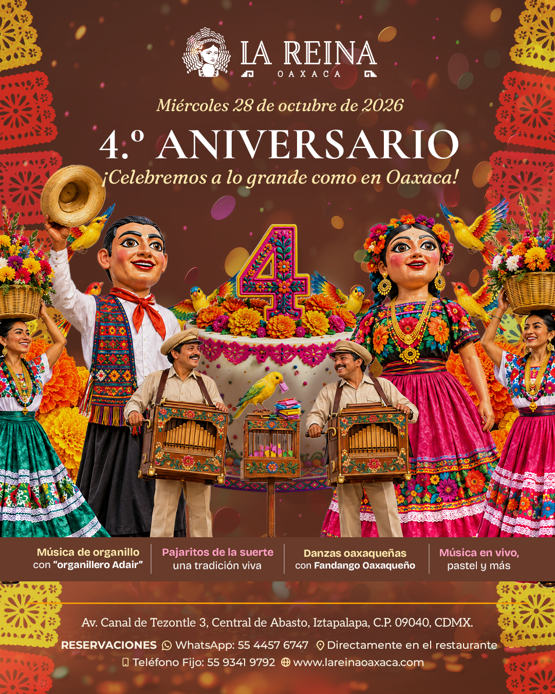 Cuarto aniversario de La Reina Oaxaca, celebración con música en vivo y tradiciones oaxaqueñas en Iztapalapa, CDMX.