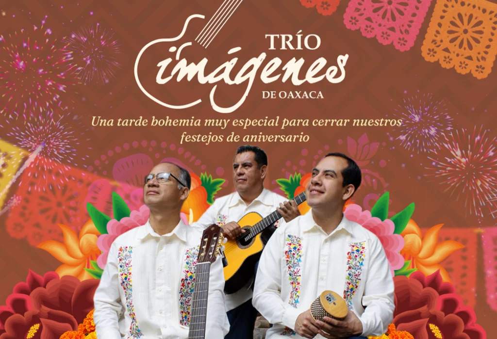 Trío Imágenes de Oaxaca en presentación musical por el cuarto aniversario de La Reina Oaxaca en Iztapalapa.